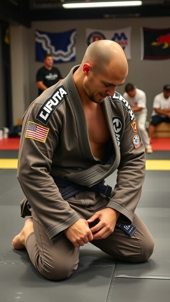 BJJ practitioner demonstrating technique with visible cauliflower ear.